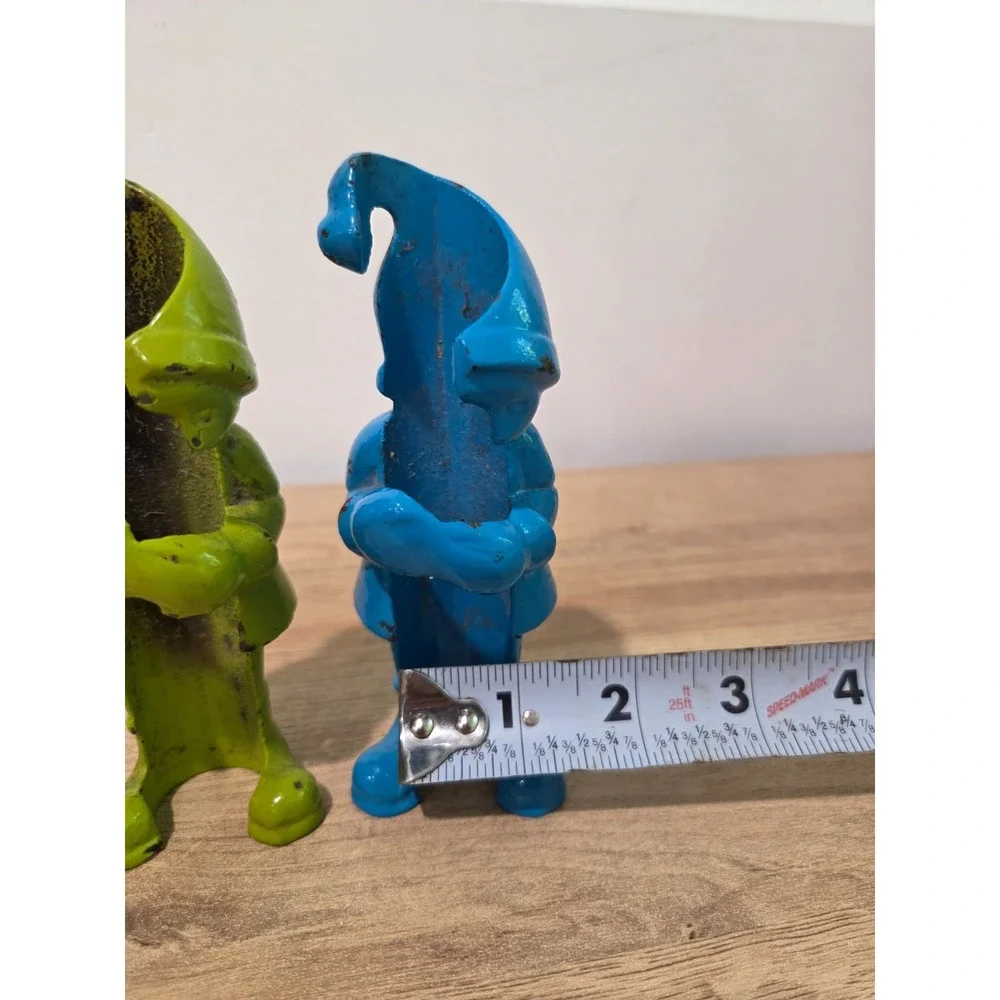 Pair of CB2 Cast Iron Holiday Elf Gnome Taper Candle Holders Blue Green 5.25''
